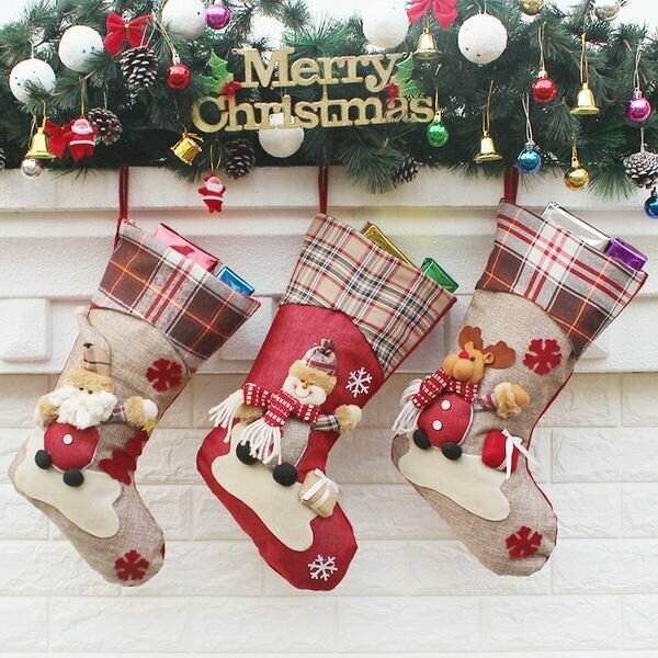 Новогодние носки для подарков Рождественский носок на камин набор 3 шт. Снеговик Дед Мороз Олень Санта