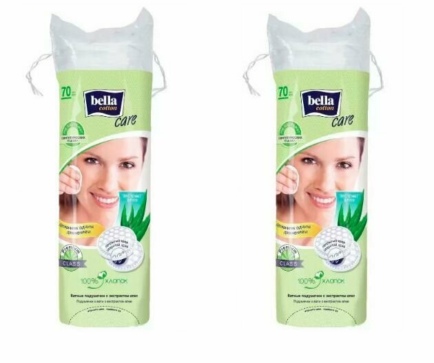 Ватные диски, Bella, Cotton Сare, круглые, с экстрактом алоэ, 70 шт, 2уп