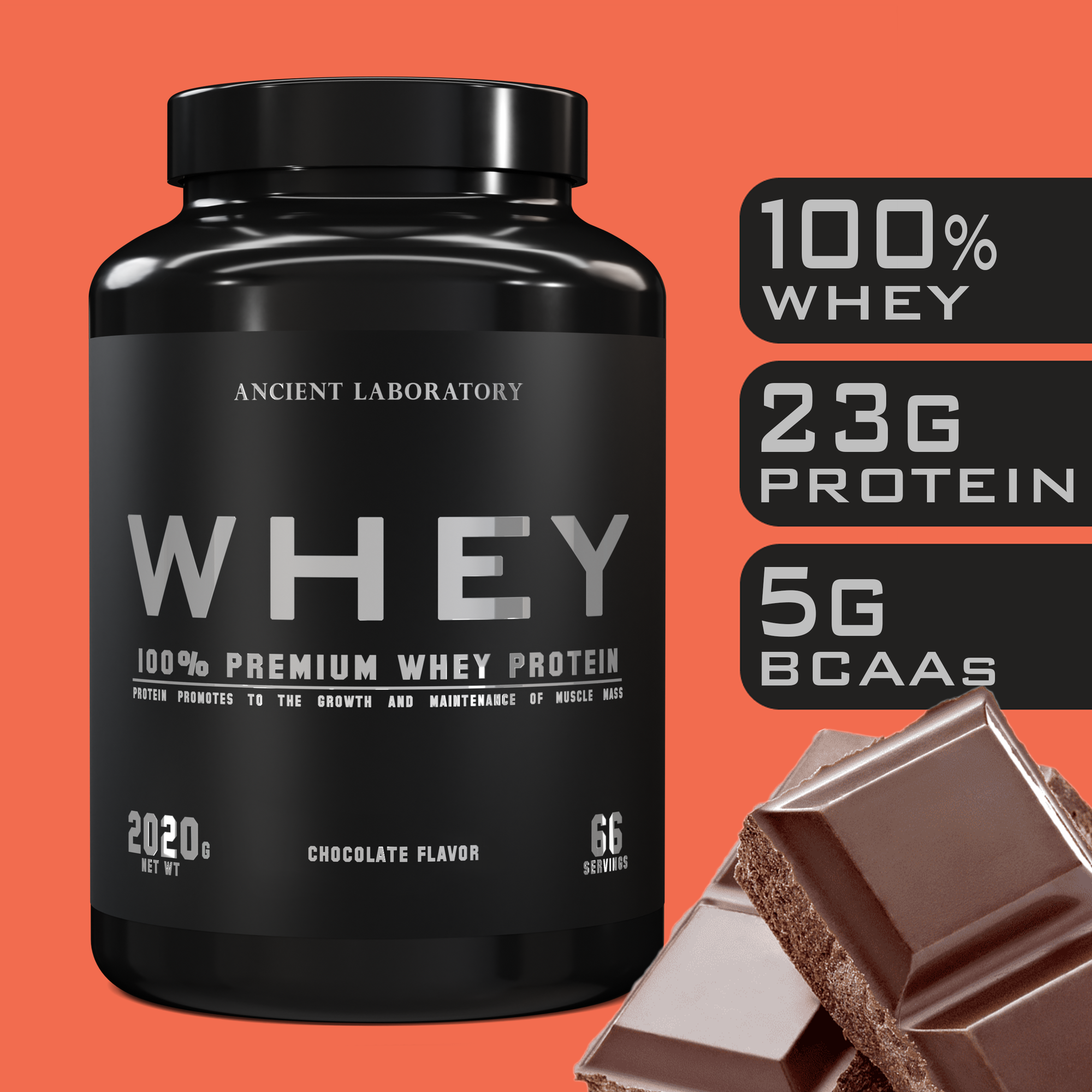 Протеин сывороточный концентрат + изолят, 100% Premium Whey 2020 гр, 66 порций, 23 гр протеина в порции, Ancient Laboratory, шоколад