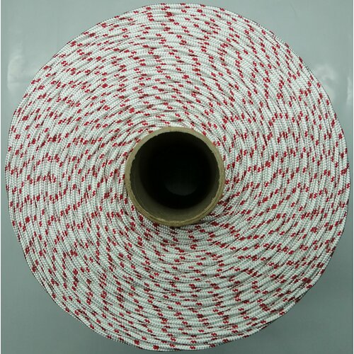 Шнур полиамидный (капроновый), высокопрочный, плетёный ПА 4мм 16-ти прядный с ПА сердечником раз. нагр 350 кгс Белый красный (100 метров) №47