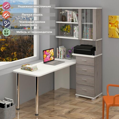 Изображение товара Стол компьютерный Мэрдэс СР-220/170 НБЕ Нельсон/Белый, угловой, 170х109.5х193 см, с полками, с ящиками