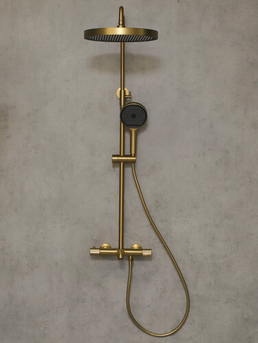Изображение товара Душевая система с тропическим душем и смесителем с термостатом, матовое золото