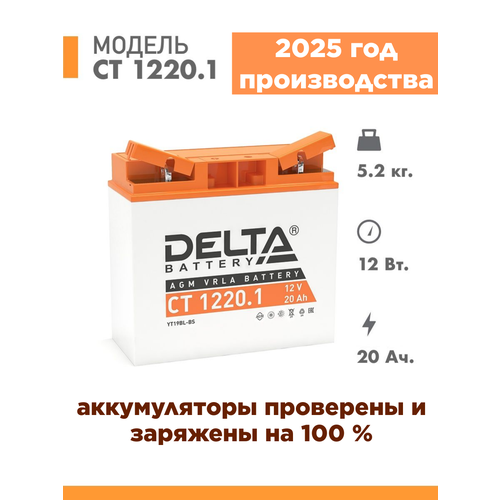 Аккумулятор AGM стартерный герметичный Delta CT 1220.1 | Y50-N18L-A3, YTX24HL-BS, YTX24HL (12V / 20 Ah / 181X77X167 мм / ток 260 А) обратная полярность (- +)