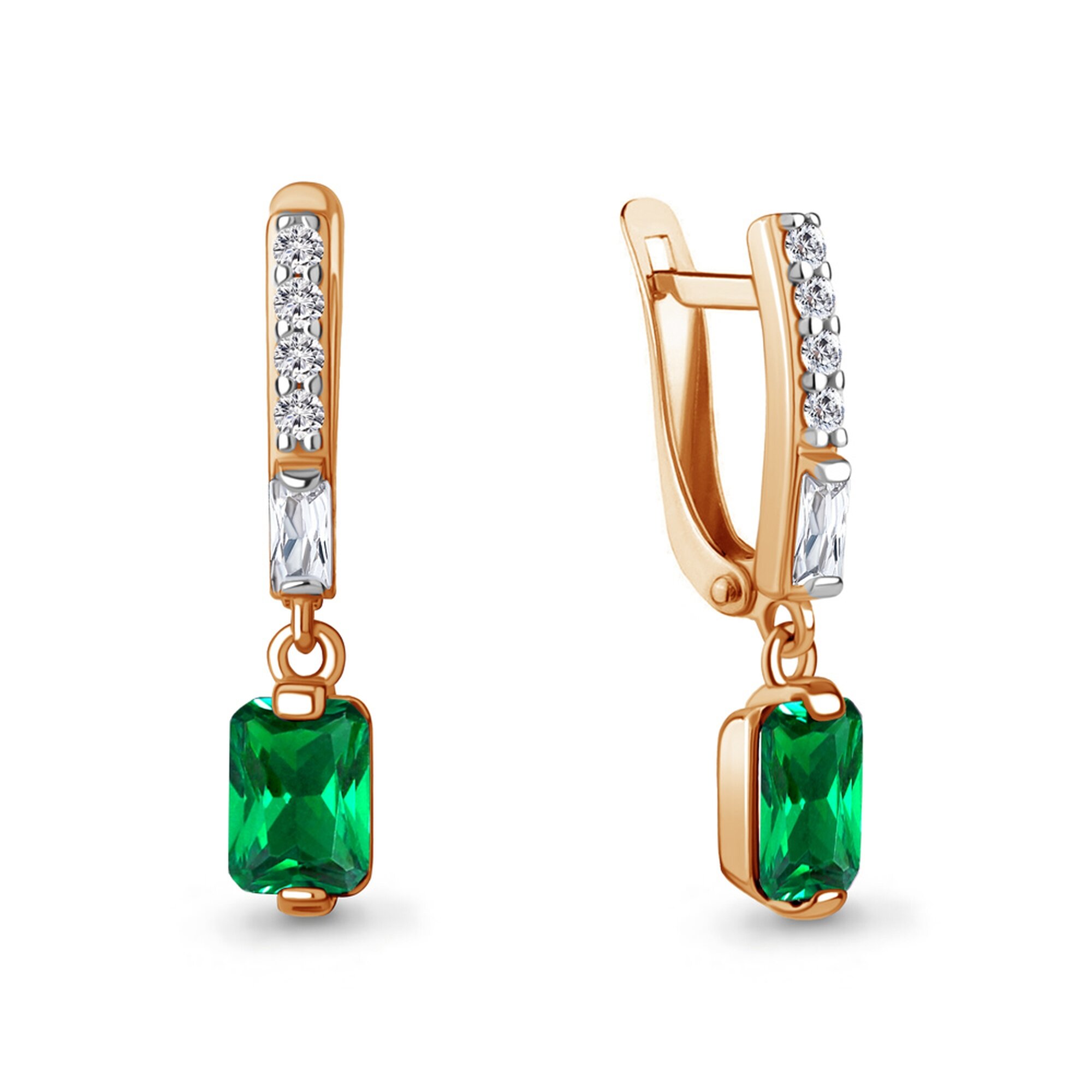 Серьги двусторонние Diamant online, серебро, 925 проба, золочение, изумруд синтетический, фианит, длина 2.4 см, , бирюзовый