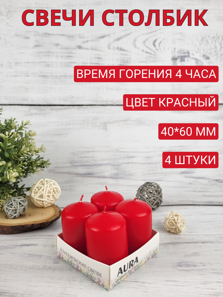 Свеча столбик/бочонок 40х60 мм, красная, время горения 4 часа, 4 шт. в наборе — фото 1