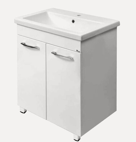 Изображение товара Тумба с раковиной Emmy Рокард 70 напольная, 70 см, белая, глянцевая, из МДФ, с дверками, раковина для ванной, фарфоровая, прямоугольная, встроенный слив-перелив
