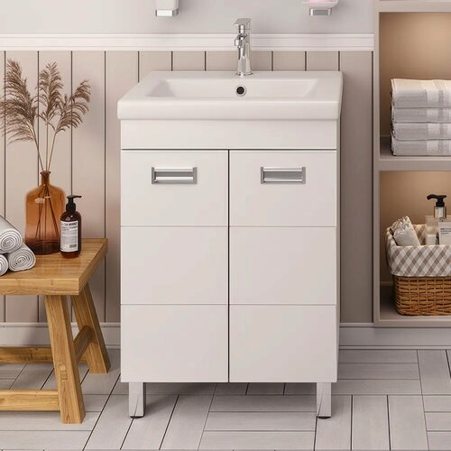 Изображение товара Тумба с раковиной Emmy Монтана 50 напольная, 50 см, белая, глянцевая, из МДФ, с дверками, раковина для ванной, фарфоровая, прямоугольная, встроенный слив-перелив