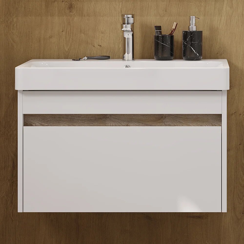 Тумба с раковиной AQUATON Марти 70 подвесная 70 5 см с ящиками белая прямоугольная в скандинавском стиле из фарфора