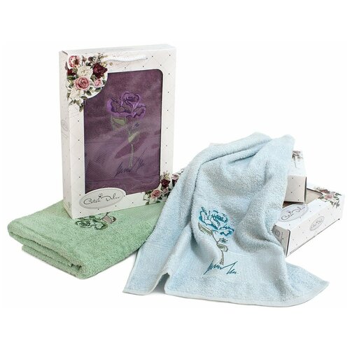 Махровое полотенце с вышивкой в коробке (1 шт) 1 роза Rose Gursan (голубой), Полотенце 70x140