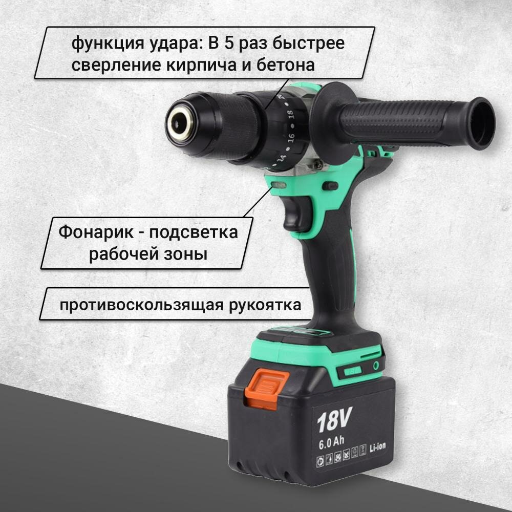 Дрель-шуруповерт аккумуляторная ударная Zitrek Green Impact 18V (18В, Li-ion 2x6.0Ач) - фото №3