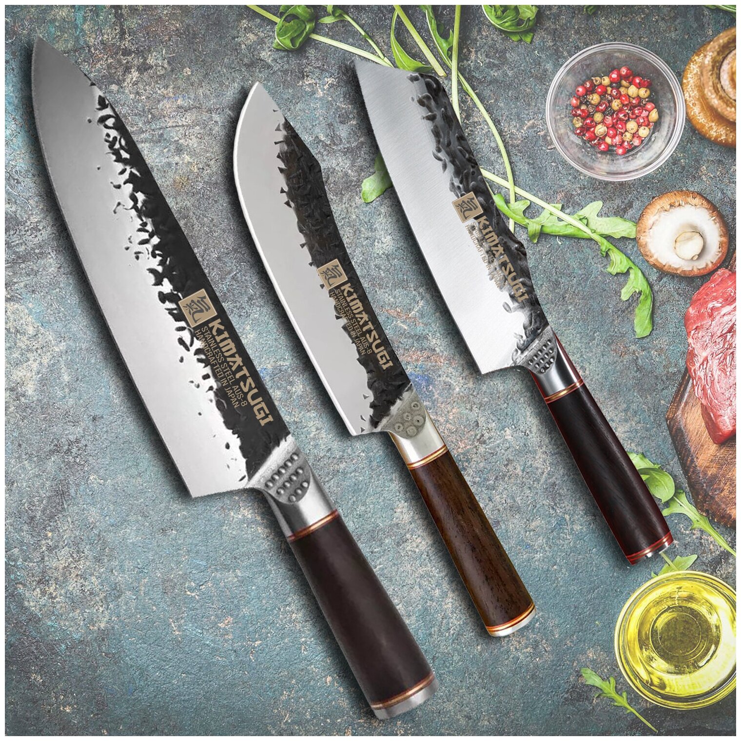 Набор японских кухонных ножей Kimatsugi / 3 предмета: Шеф-нож, Универсальный, Накири / Японская сталь AUS-8 / В подарочных коробках