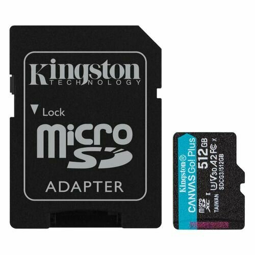 Карта памяти microSDXC UHS-I U3 Kingston Canvas Go! Plus 512 ГБ, 170 МБ/с, Class 10, SDCG3/512GB, 1 шт, переходник SD