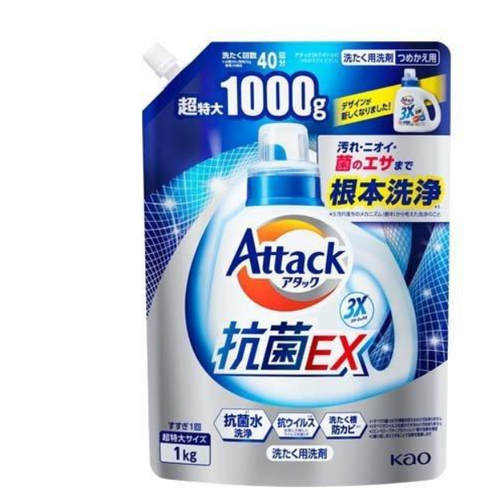 Kao Attack 3X Gel Высокоэффективный гель для стирки белья Тройная сила 1 кг в мягкой упаковке