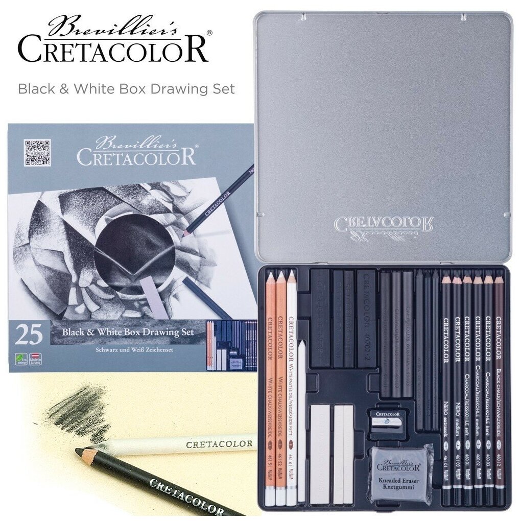 Чернографитовые карандаши CretacoloR Набор художественный Black&White для эскизов в металлической коробке