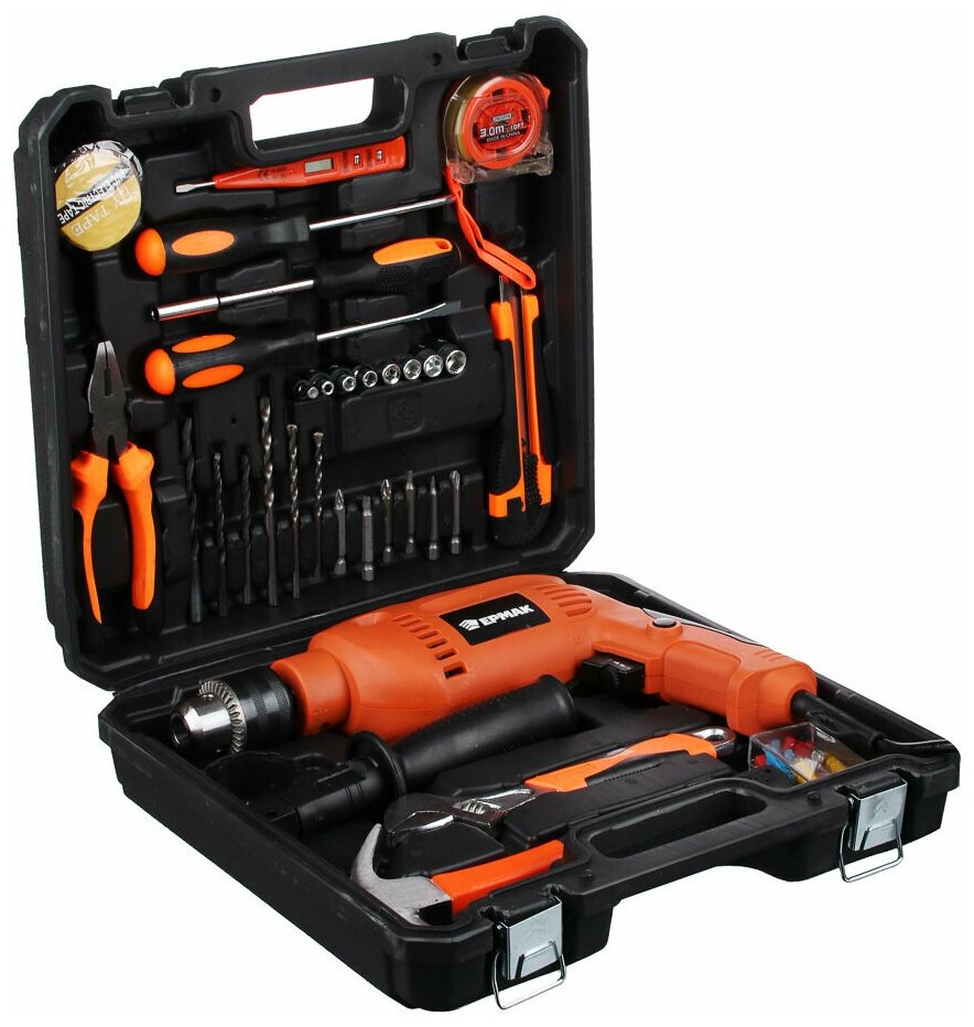 фото Ермак Набор инструментов "Профи" Дрель Ударная 710 Вт, набор в кейсе 68 предметов для ремонта/отделки 693-045