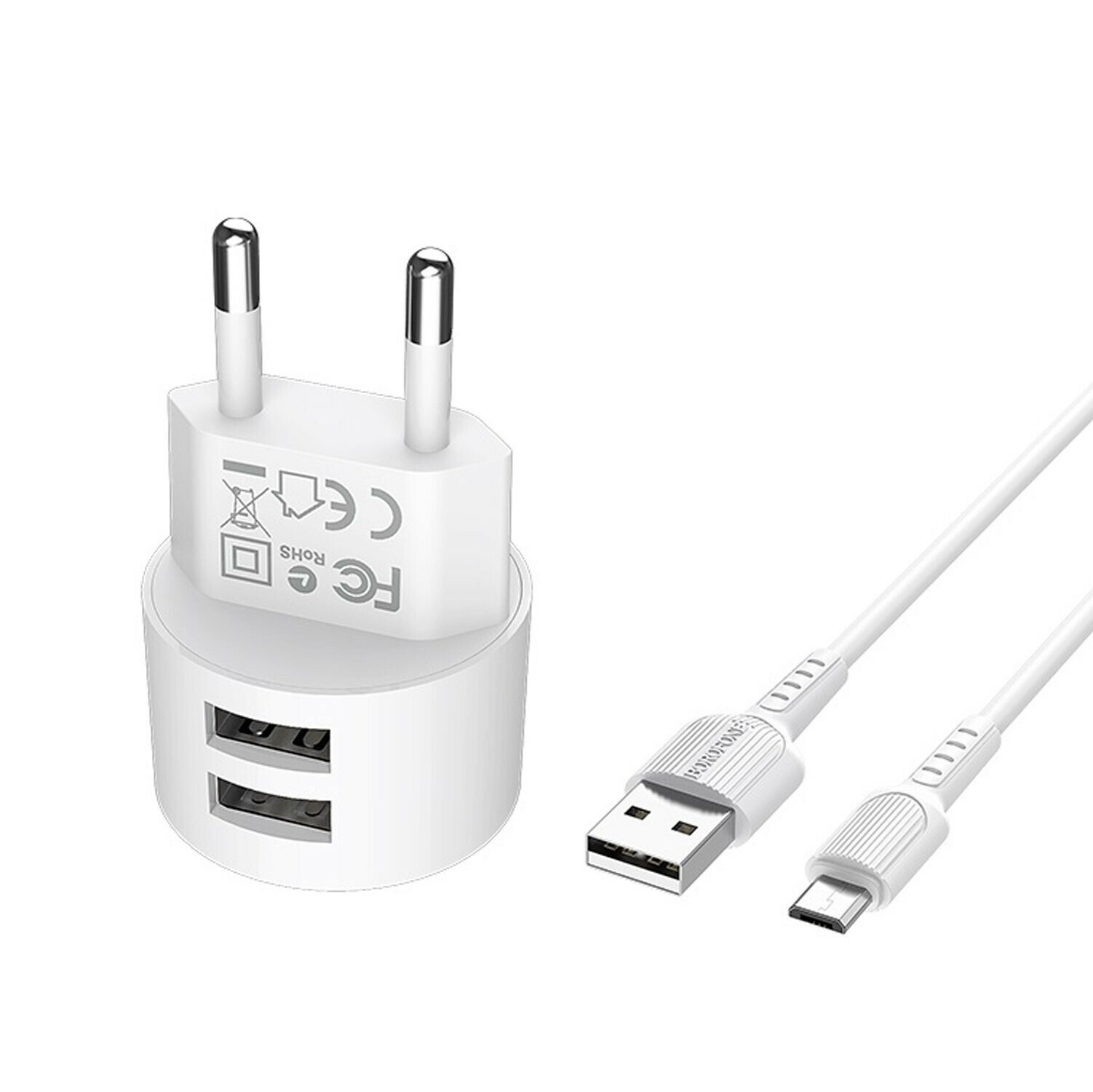 Адаптер Сетевой с кабелем Borofone BA23A Brilliant 2USB/5V/2.4A +micro USB (белый), 1 шт.