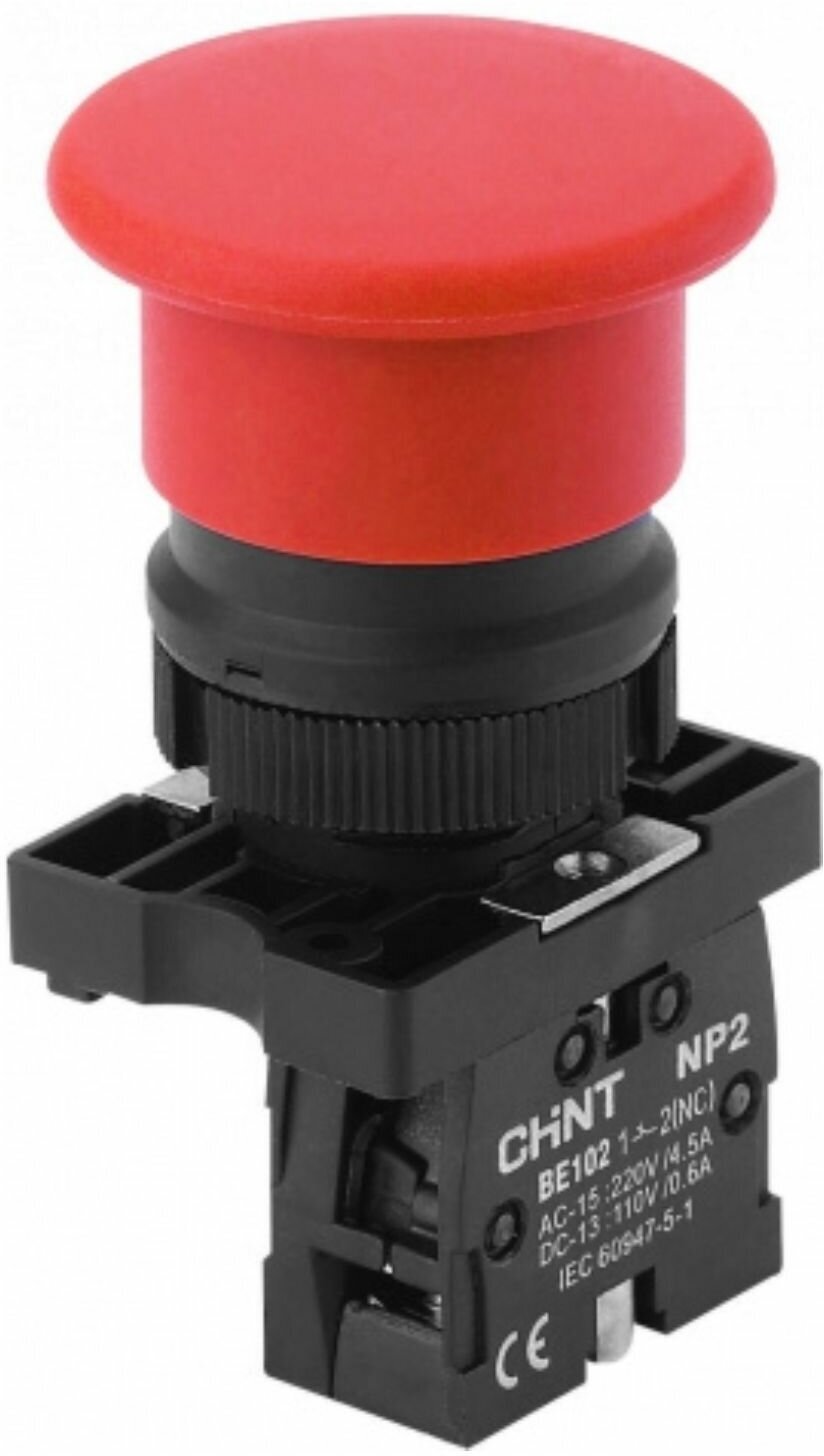 CHINT Кнопка управления Грибок Φ40мм（2）с самовозвратом NP2-EC42 без подсветки красная 1НЗ IP40, CHINT, арт.574820