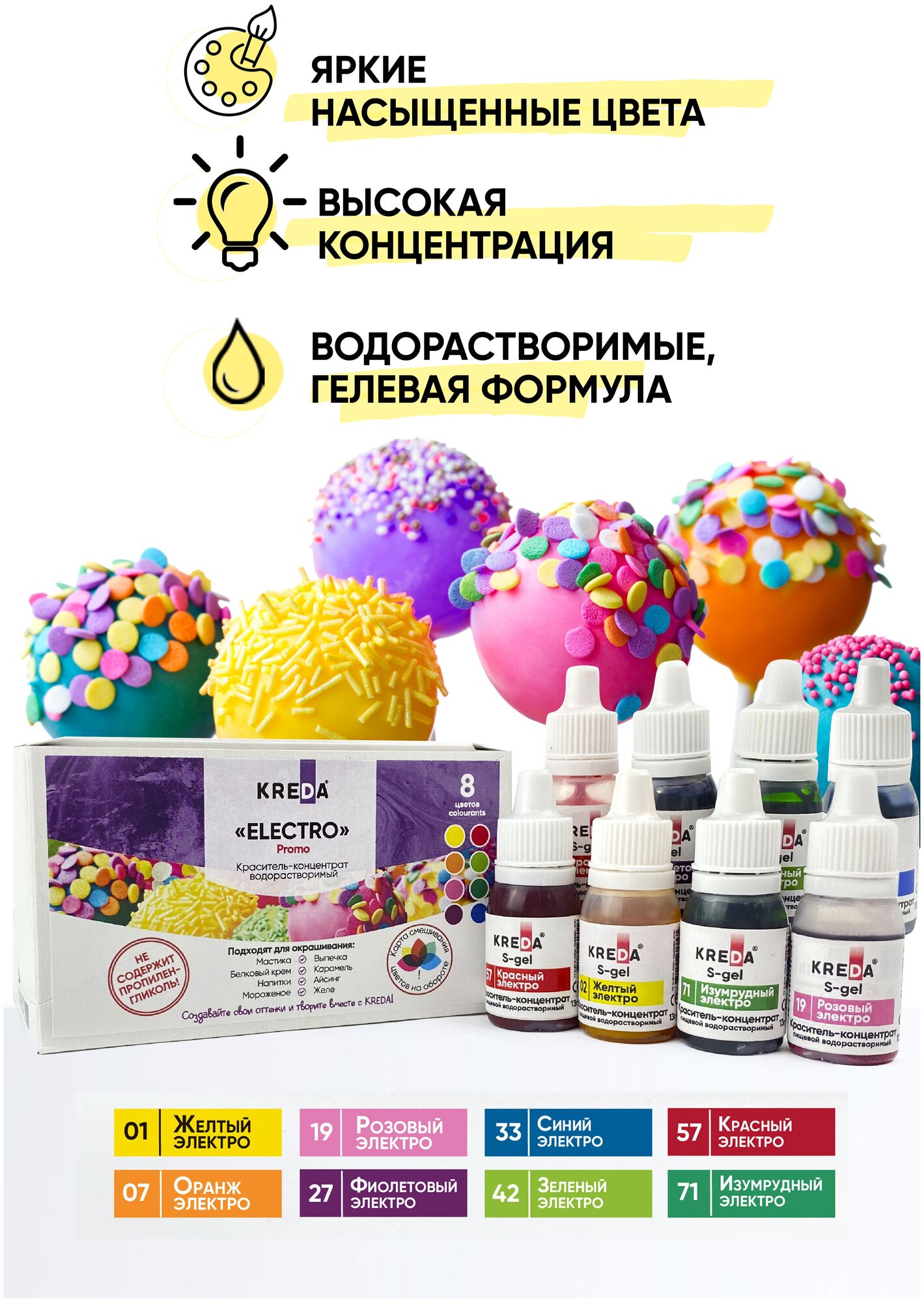 Набор пищевых красителей ELECTRO promo креда (KREDA) 8 цветов S-gel концентраты гелевые 8шт* 10мл