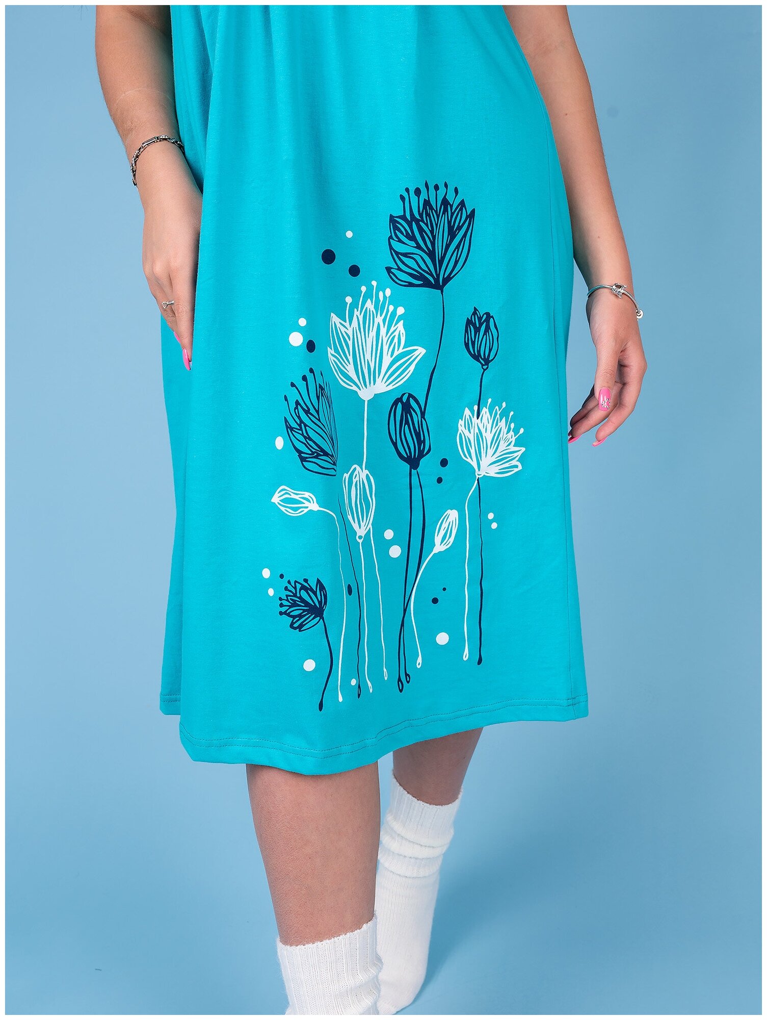 Сорочка ночная хлопковая удлиненная голубой 46 размер - фотография № 4