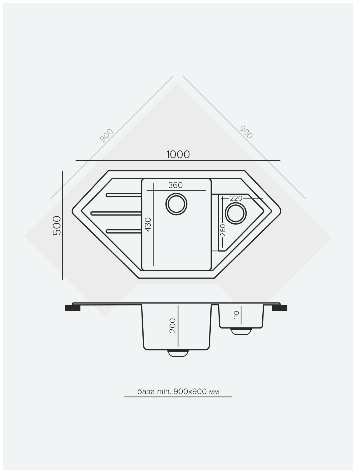 Накладная кухонная мойка 49.6 см, Tolero R-114, 701 Серый - фотография № 4