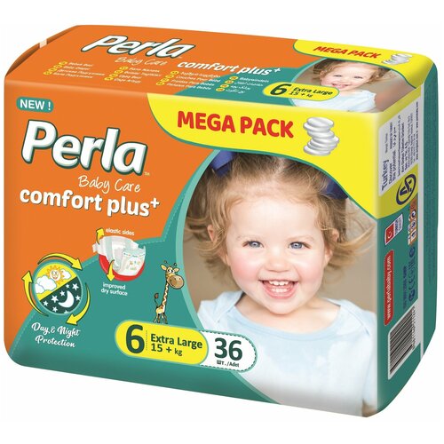 фото Подгузники детские /памперсы для детей 6 размер perla mega extra large для малышей весом 15+ кг, 36 шт