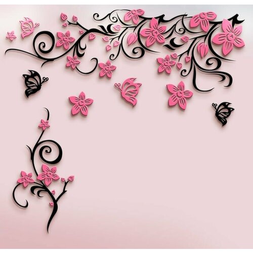 Моющиеся виниловые фотообои Цветущая розовая ветвь и черная бабочка, 250х240 см