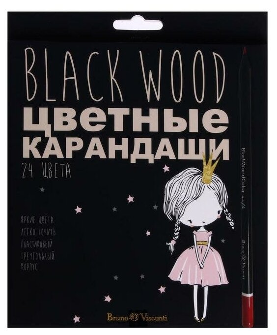 Карандаши 24 цвета BlackWoodColor, пластиковые, трёхгранные, микс