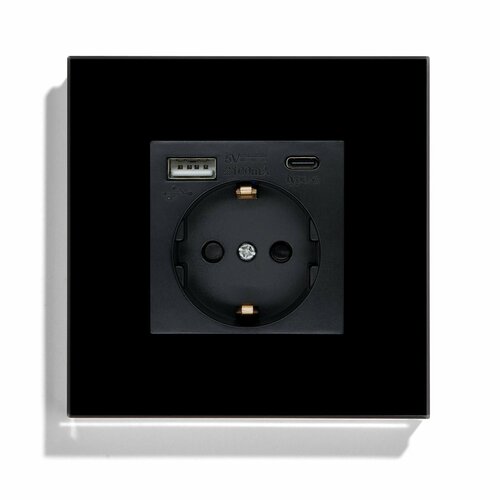 Розетка Черная с USB и Type-C портами, рамка из закаленного стекла евро стандарт со шторками 16А 250V