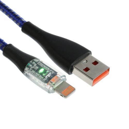 Кабель, 2 А, Lightning - USB, прозрачный, оплётка нейлон, 1 м, синий кабель 2 а lightning usb прозрачный оплётка нейлон 1 м синий