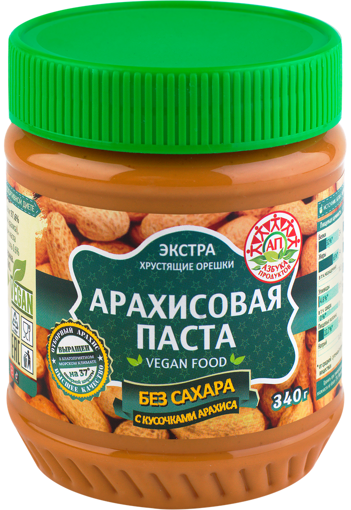 Паста арахисовая азбука продуктов Экстра, с кусочками арахиса без сахара, 340г