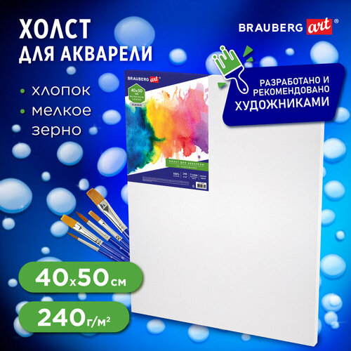 Холст на подрамнике акварельный BRAUBERG ART CLASSIC, 40х50, 240г/м, 100% хлопок, мелкое зерно 191669 упаковка 2 шт.