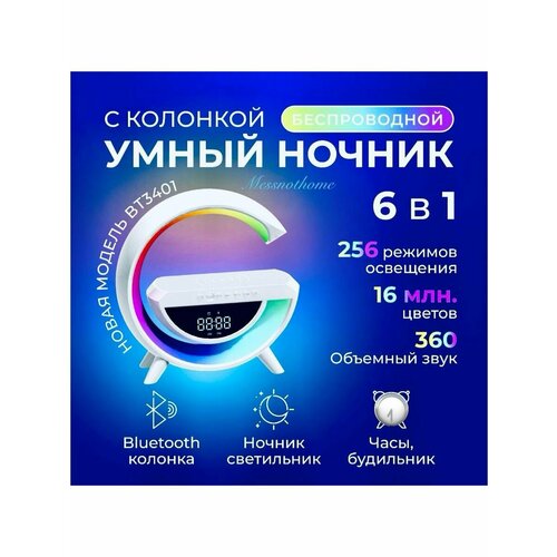 Беспроводная колонка с Bluetooth ночником часами и беспроводной зарядкой 1150₽