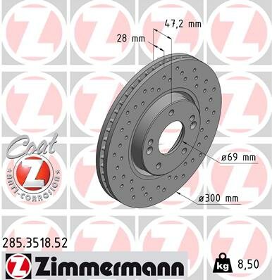 Тормозной диск ZIMMERMANN 285 3518 52 вентилируемый перфорированный передний мост