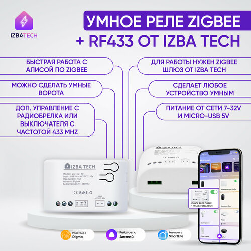 Умное реле для Яндекс Алисы от Tuya 7-32v контроллер радиочастотный Zigbee+RF 433 работает со шлюзом