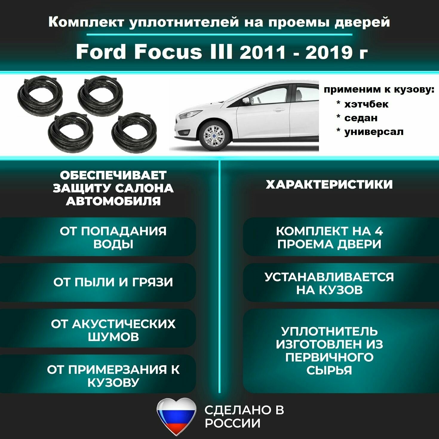 Комплект уплотнителей дверей на Ford Focus III 2011-2019 г / Форд Фокус 3 резинка на 4 двери