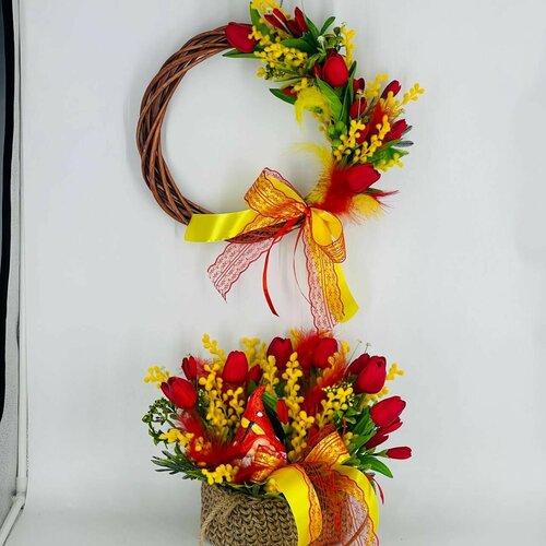 Искусственные цветы на Пасху, цветочная композиция и пасхальный венок