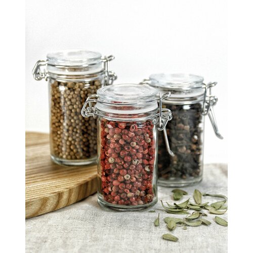 Набор стеклянных баночек Оптима с бугельный замком - 3 шт, 80 мл, 8.2 см, стекло - для сыпучих продуктов и специи