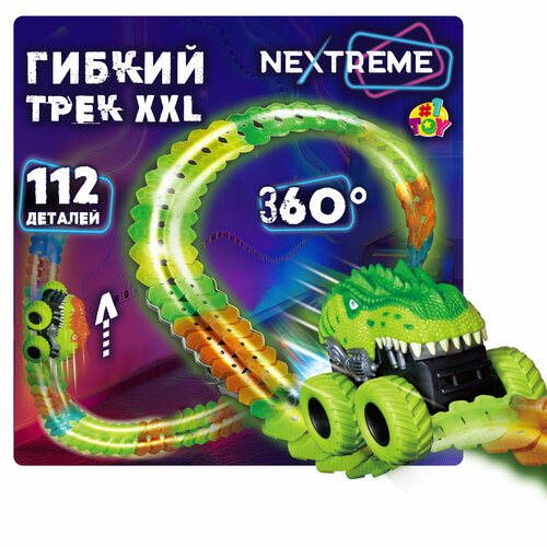 детский автотрек пазл с полицейской машинкой 1 шт Гибкий трек 1TOY NEXTREME Динопарк 112 дет, диномобиль, сменный кузов, 2 стойки