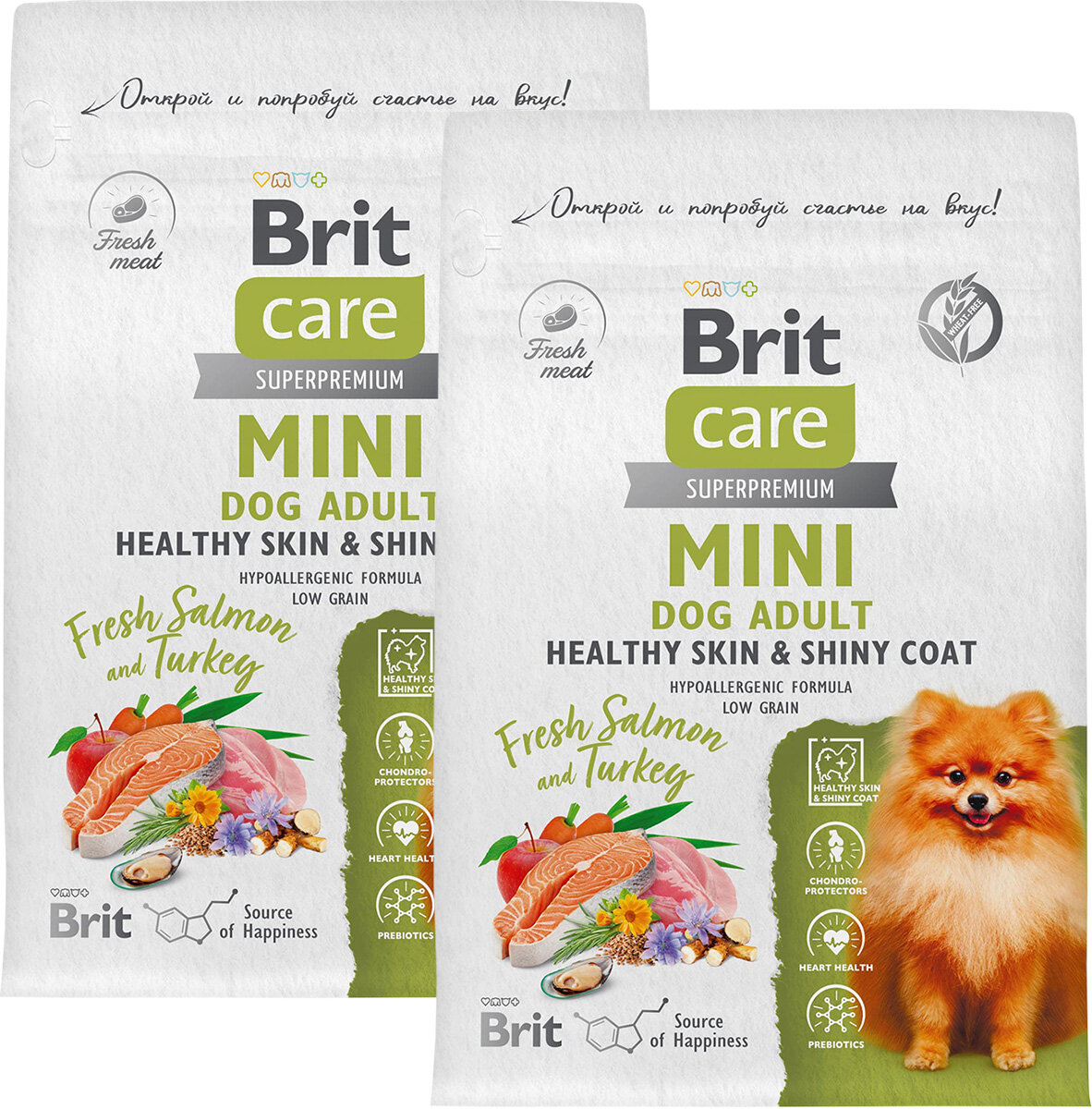 BRIT CARE MINI DOG ADULT HEALTHY SKIN & SHINY COAT вз соб мал пор здоров кож и шерс лосось индейка 0,4 + 0,4 кг