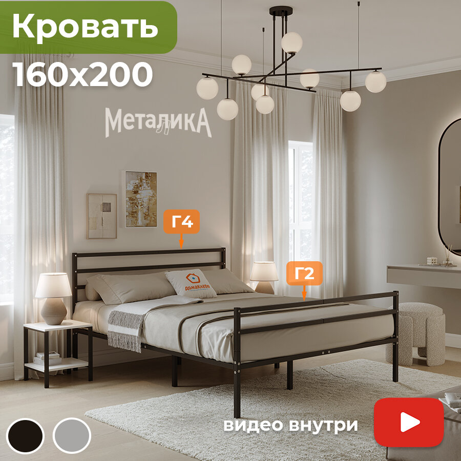 Кровать металлическая Металика Г4+Г2 160х200 черная с держателями для матраса и доп. опорами