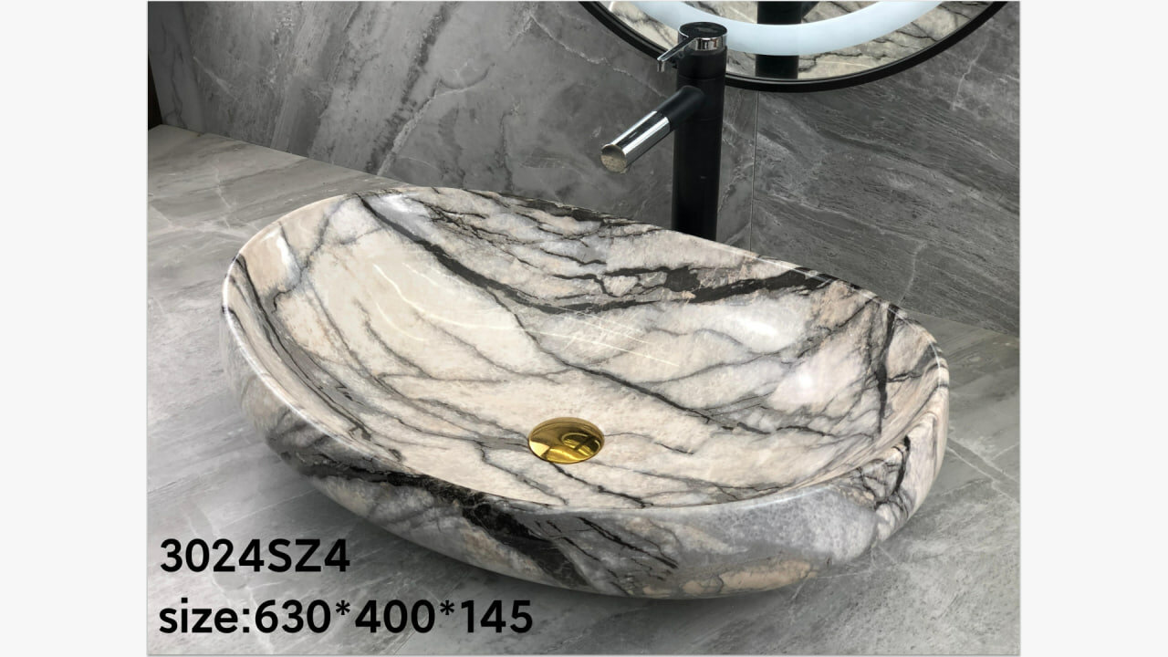 Раковина накладная OSSO 3024 GREY MARBLE , керамическая, авальная, серый, для ванной комнаты
