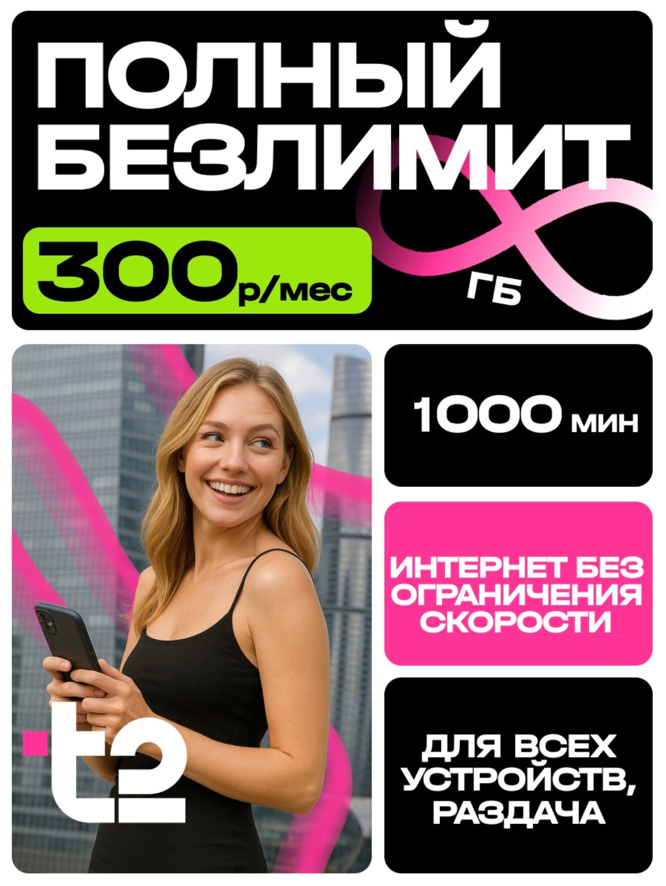 Сим карта т2 с безлимитным интернетом 300р/мес. Вся Россия тариф для любых устройств sim-карта Теле2