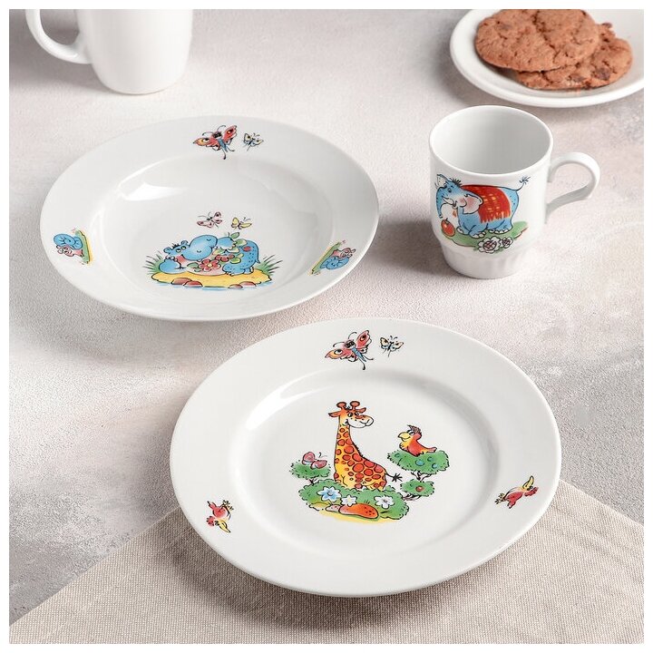 Набор посуды фарфоровой Зоопарк, 3 предмета: тарелка d-20 см, салатник d-19,8 см, кружка 200 мл 4 шт