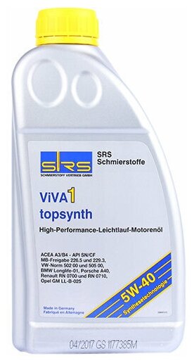 Масло моторное SRS VIVA 1 topsynth 5W40 1л