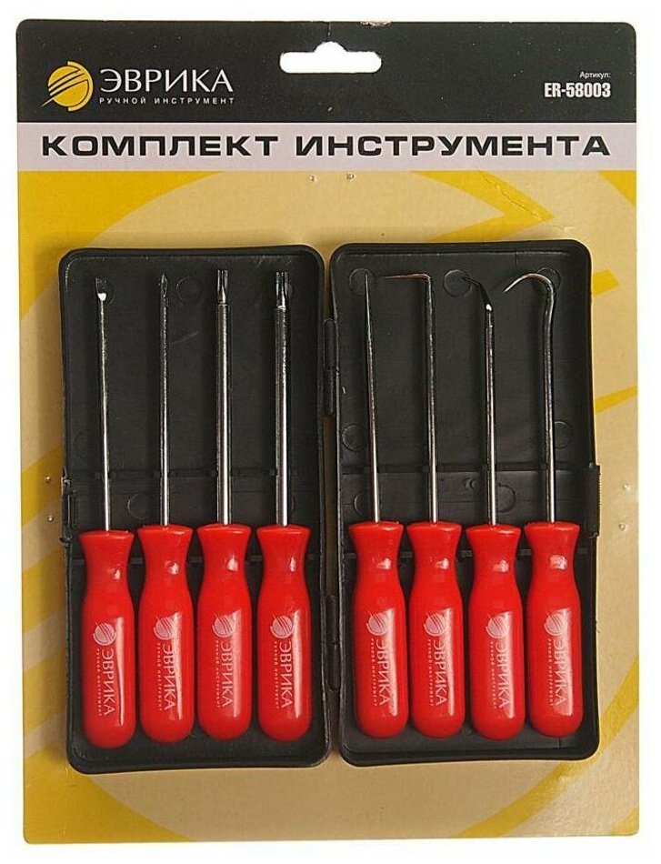 Набор инструментов 8 предметов шило крючки (изогнутые 45°90°) отвертки (Sl1/8 PH0 T15 T20) эврика ER-58003