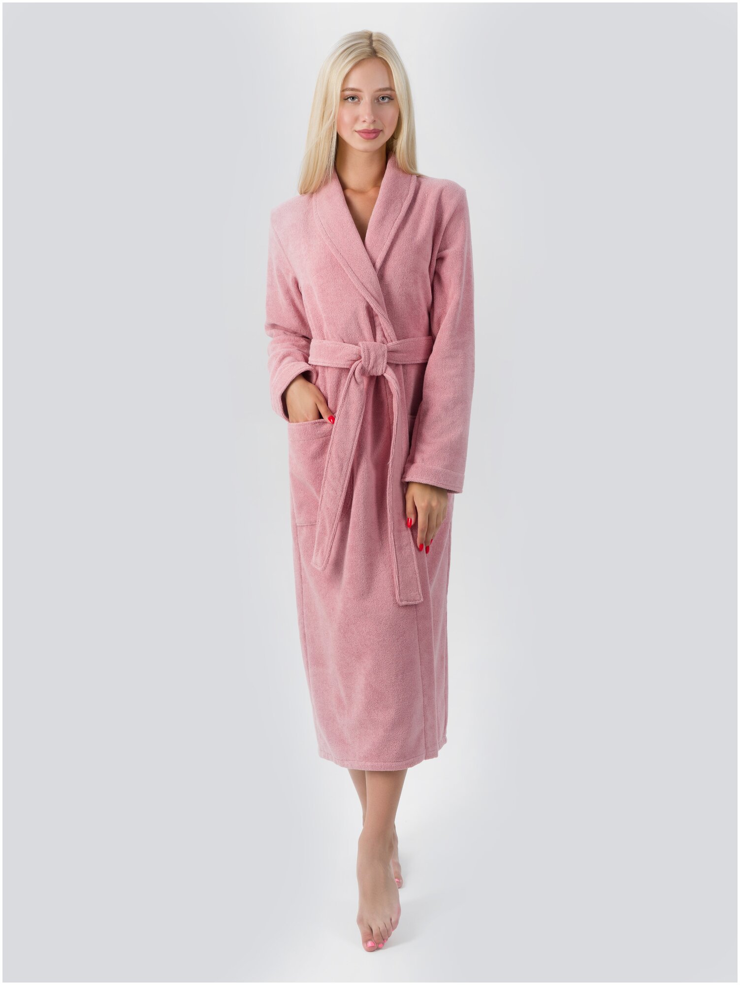 Женский махровый халат с шалькой, пудрово-розовый - фотография № 1