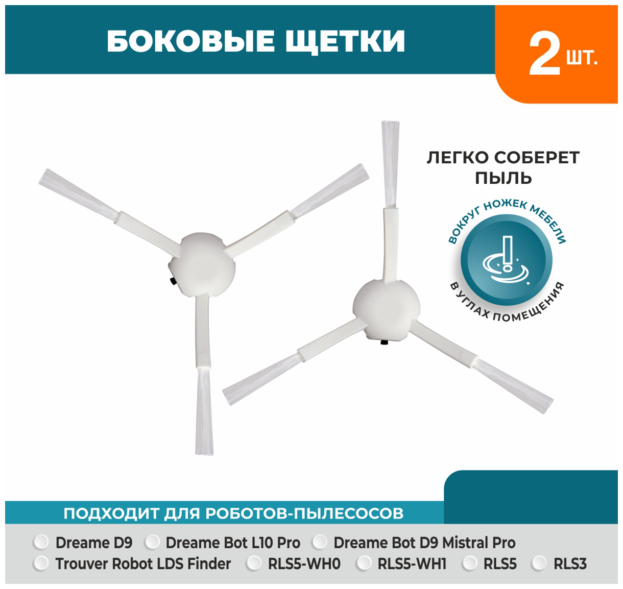 Набор 2 боковые щётки ReFill для робота-пылесоса Dreame F9 Xiaomi 1C (STYTJ01ZHM) 1T (STYTJ02ZHM) Mi Robot Vacuum-Mop (SKV4093GL) - фотография № 1