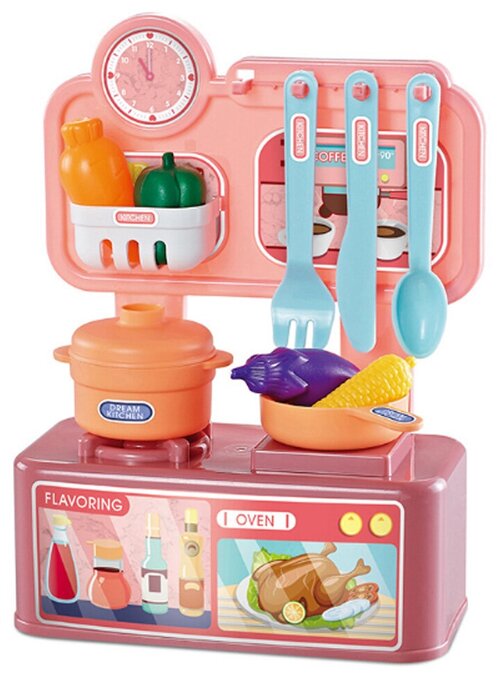 Интерактивная детская кухня, многофункциональный игрушечный гарнитур с набором посуды и продуктами, 24 см, розовый