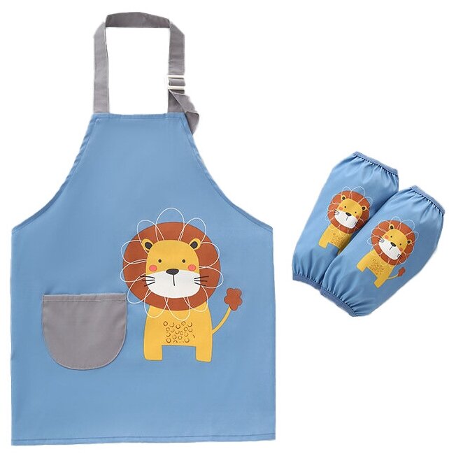 Фартук детский с нарукавниками для рисования и творчества, художественный фартук для труда с карманом, размер M, голубой со львом