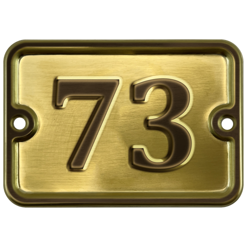 Номер на дверь "73", самоклеющийся, 8х10 см, из латуни, лакированный. Все цифры в наличии.